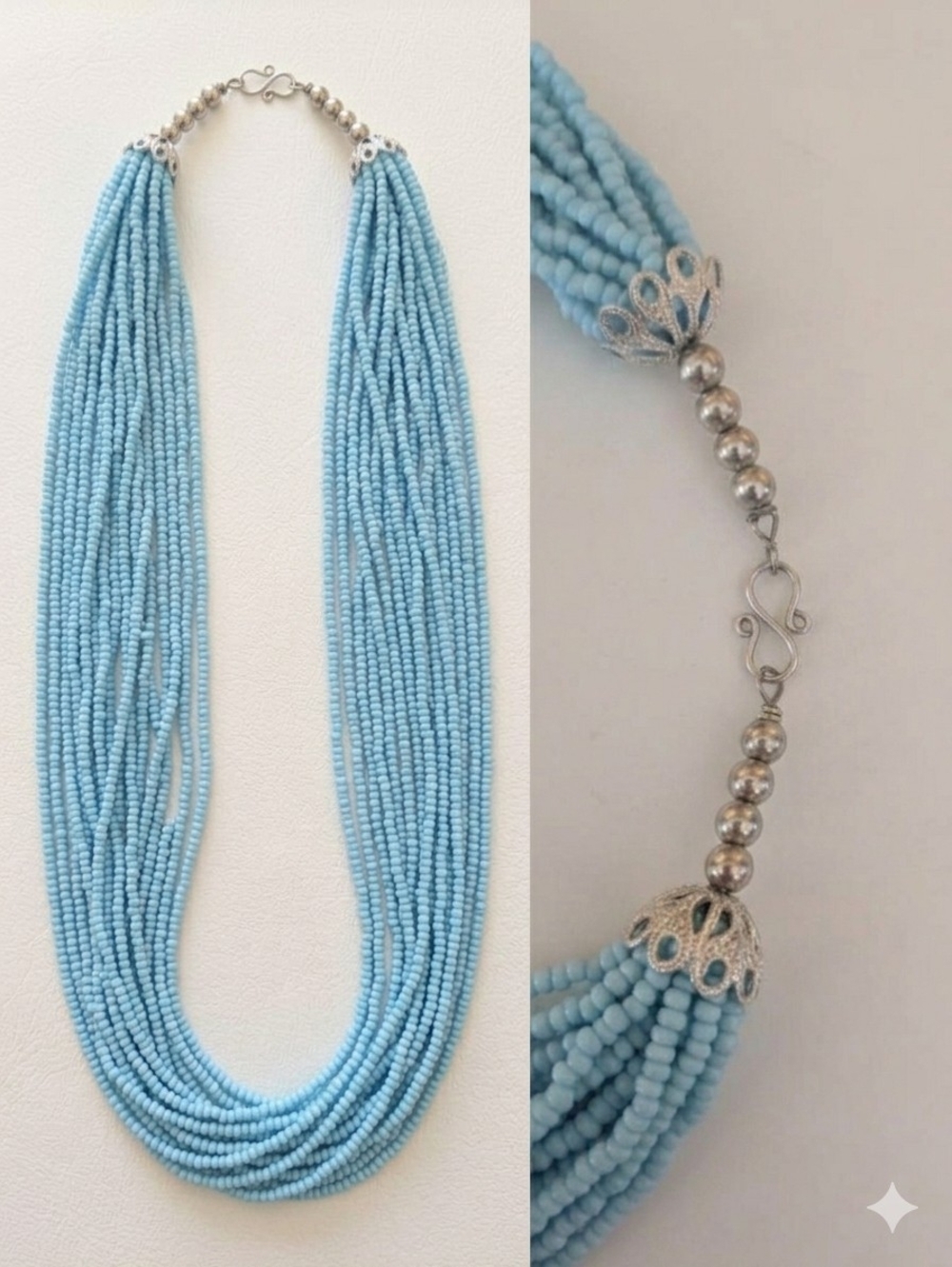 Light Blue Multi-Strand Beaded Necklace - Classic Seed Bead Design